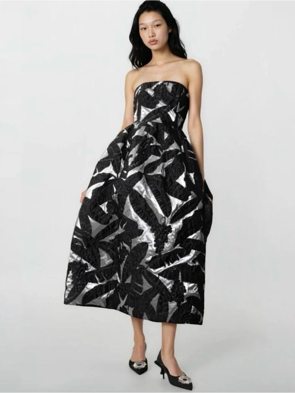 Oscar de la Renta Strapless Black & Silver Jacquard A-Line Midi Gown